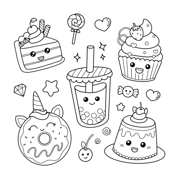 かわいい幸せな笑顔のドーナツとカップケーキ フラット漫画キャラクターイラストデザイン 白い背景で隔離 ドーナツ カップケーキ ベーカリーメニューのコンセプト プレミアムベクター