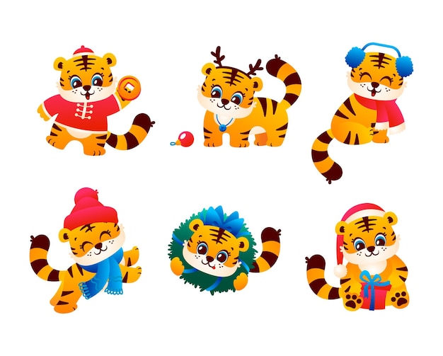 かわいい虎のセット面白いキャラクターシンボル新年あけましておめでとうございますイラスト白で隔離