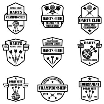 ダーツ​クラブ​の​ラベル​テン​プレート​の​セット​。​ロゴ​、​ラベル​、​サイン​、​ポスター​、​tシャツ​の​デザイン​要素​。