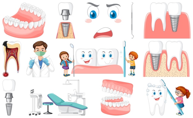 무료 벡터 치과 장비 및 만화 캐릭터 세트