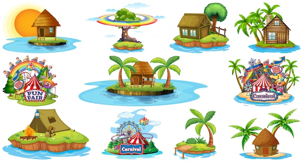 Бесплатное векторное изображение Множество различных бунгало и островной пляжной тематикой и парком развлечений на белом фоне