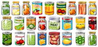 Бесплатное векторное изображение Набор различных консервов и продуктов питания в изолированных банках
