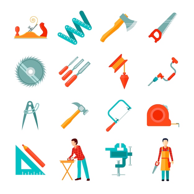 Бесплатное векторное изображение Набор различных инструментов плотника изолированных плоских иконок