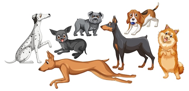 Бесплатное векторное изображение Набор разных милых собак в мультяшном стиле