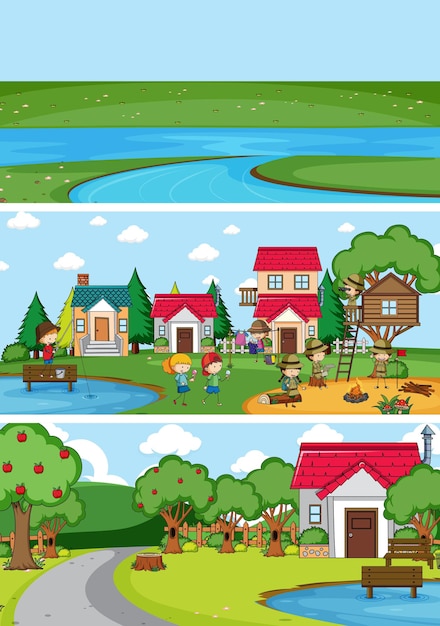 Бесплатное векторное изображение Набор различных сцен горизонта с каракули детский мультипликационный персонаж