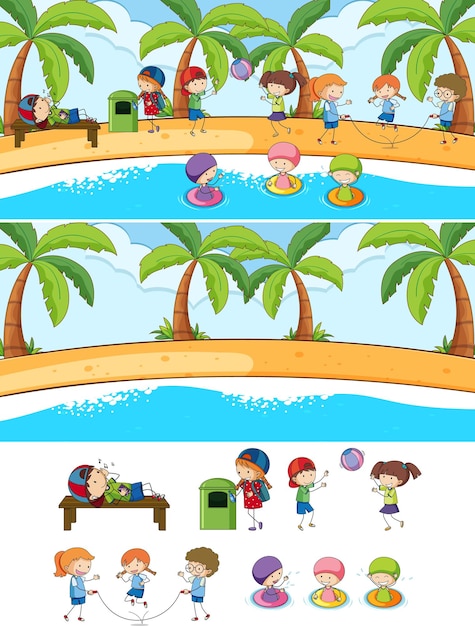 Набор различных горизонтальных пляжных сцен с персонажем мультфильма детей каракули