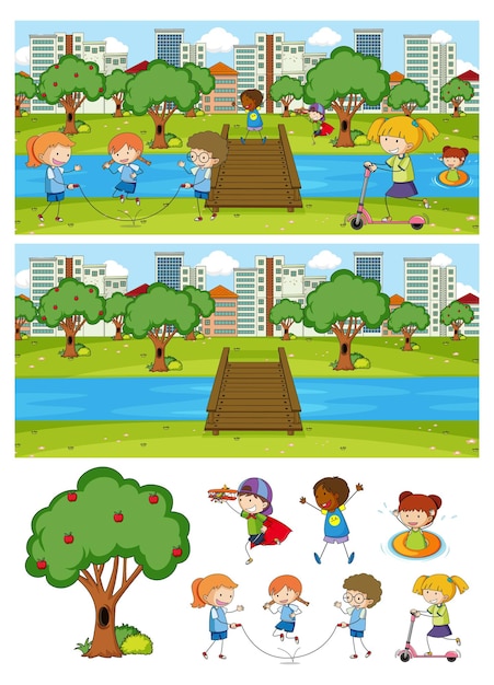 Бесплатное векторное изображение Набор различных горизонтальных сцен фона с каракули детский мультипликационный персонаж