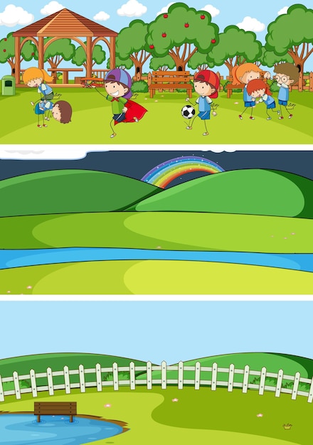 Бесплатное векторное изображение Набор различных горизонтальных сцен с каракули детский мультипликационный персонаж
