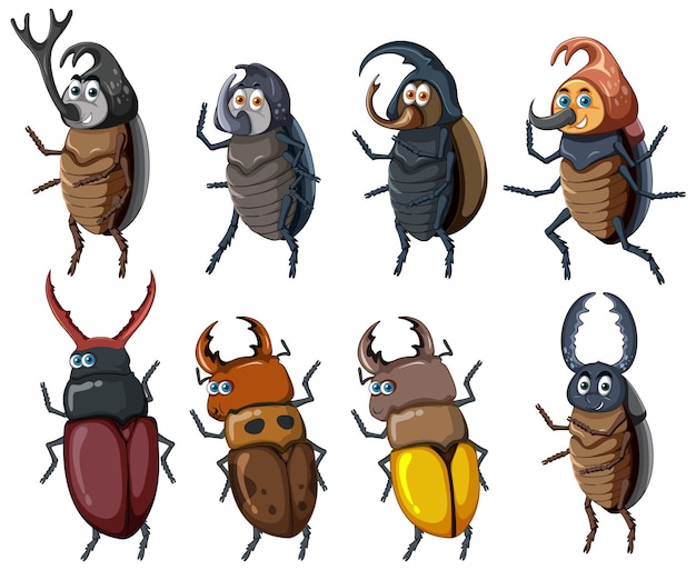 Набор различных насекомых и жуков в мультяшном стиле
