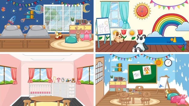 Бесплатное векторное изображение Набор различных сцен в классе детского сада