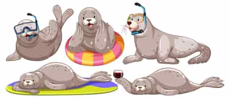Бесплатное векторное изображение Набор различных персонажей мультфильмов о тюленях