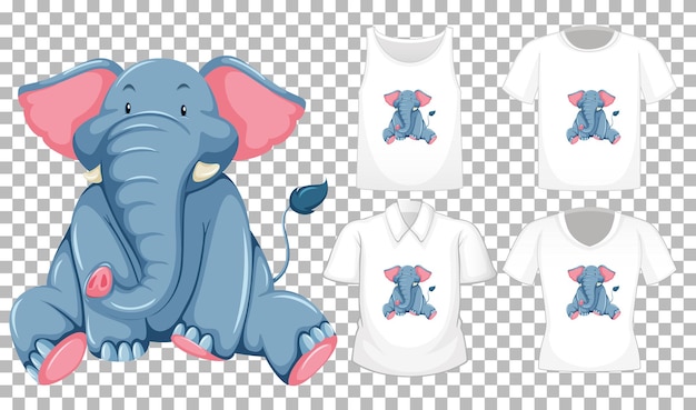 Набор различных рубашек с персонажем мультфильма слон, изолированные на прозрачном фоне