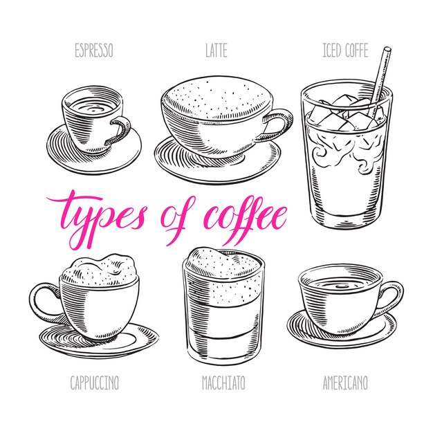 暗い背景にさまざまなアイスコーヒードリンクタイプのコーヒーメニューイラスト プレミアムベクター