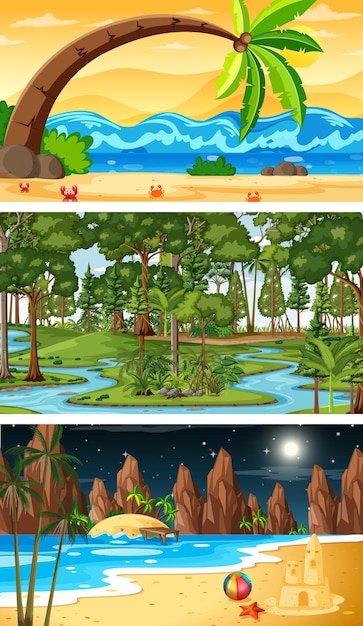 Бесплатное векторное изображение Набор различных типов лесных горизонтальных сцен