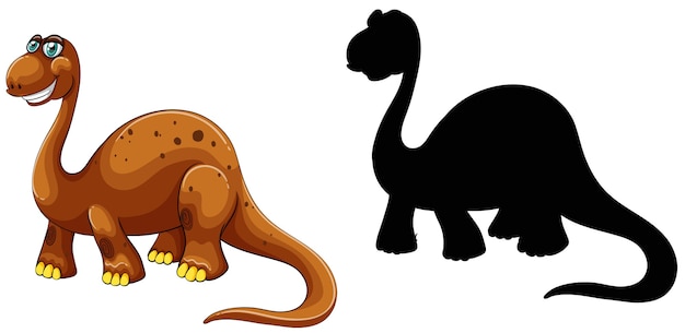Бесплатное векторное изображение Набор мультипликационного персонажа динозавра и его силуэт на белом