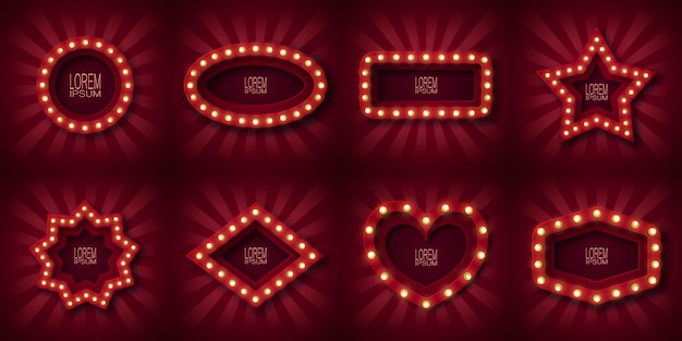 Набор из восьми рекламных знаков, эмблема для привлечения клиентов. в виде круга, овала, прямоугольника, звезды, ромба и сердца. с горящими лампочками по контуру, в красных и белых лучах.