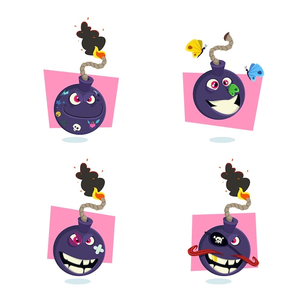 Набор злого мультяшного персонажа-бомбы с горящим фитилем, ловящим бабочек с пиратской повязкой на глазу