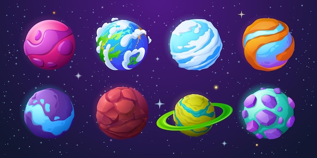 Бесплатное векторное изображение Набор астероидов фантастических планет, космических объектов