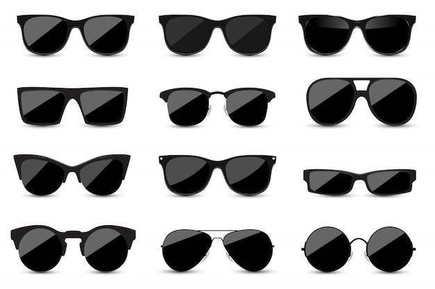 白い背景の上のファッショナブルな黒いサングラスのセット Premiumベクター