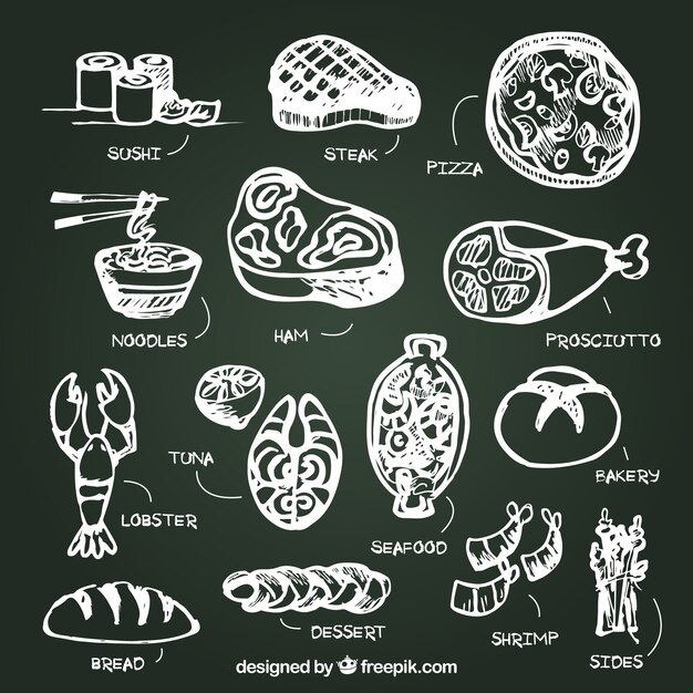 Бесплатное векторное изображение Набор продуктов с описанием в стиле доски