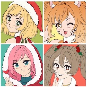 クリスマスの衣装を着ている女の子と4つのアニメアイコンのセットです。