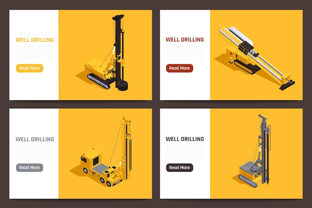 無料ベクター 暗い背景の 3 d ベクトル図に分離された井戸掘削機械と 4 つの等尺性水平バナーのセット
