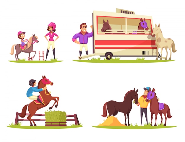 Набор из четырех композиций на открытом воздухе с лошадьми и жокеями