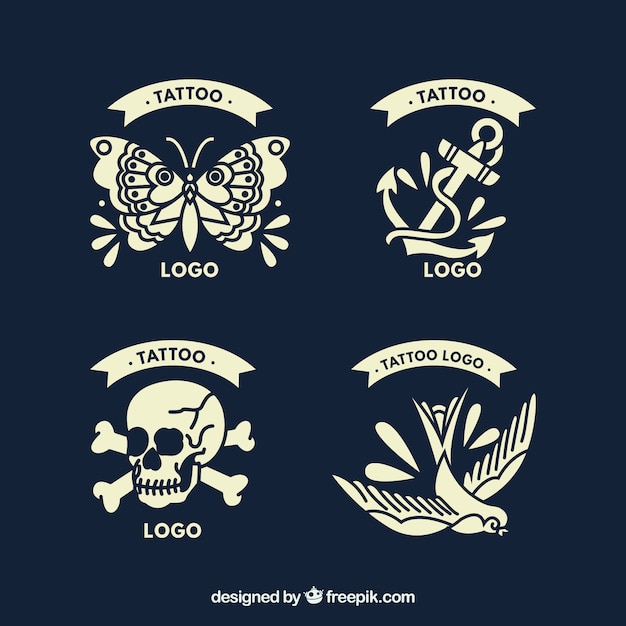 Бесплатное векторное изображение Набор из четырех логотипов стиля татуировки в винтажном стиле