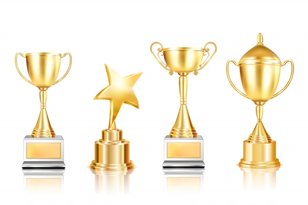 Набор из четырех трофейных наград реалистичных изображений с чашками на пьедесталах с отражениями на пустом фоне