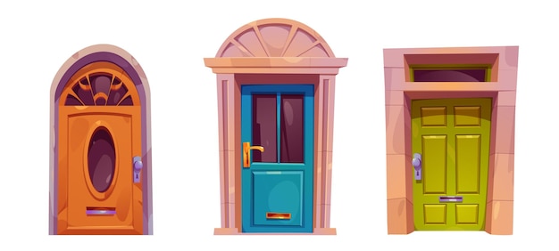 Бесплатное векторное изображение Набор входных дверей изолированы на белом фоне векторная карикатура на коричнево-зеленые синие деревянные двери с дверными ручками, декоративные стеклянные окна, почтовые отделения, элементы дизайна ретро-зданий