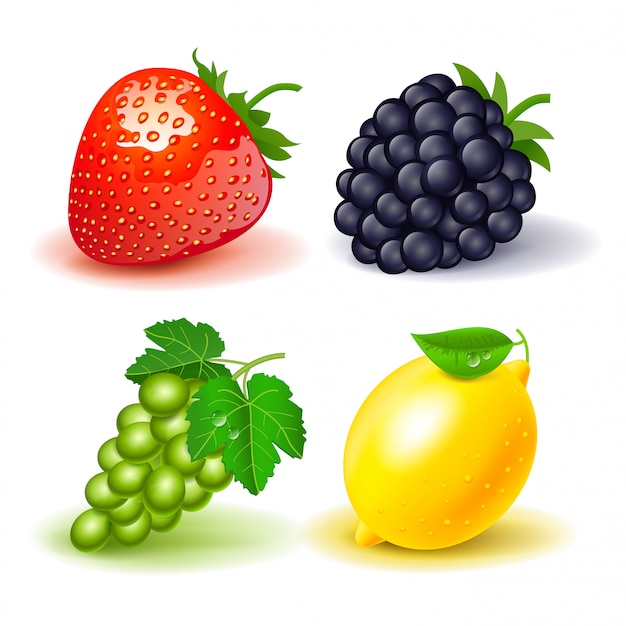 Набор фруктов: клубника, ежевика, виноград и лимон. изолированный