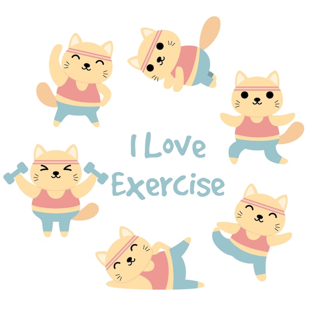 무료 벡터 운동 활동, 체조, 요가, 운동을하는 재미있는 고양이 세트