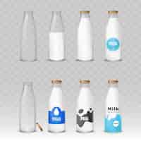 Бесплатное векторное изображение Набор стеклянных бутылок с молоком с разными этикетками.
