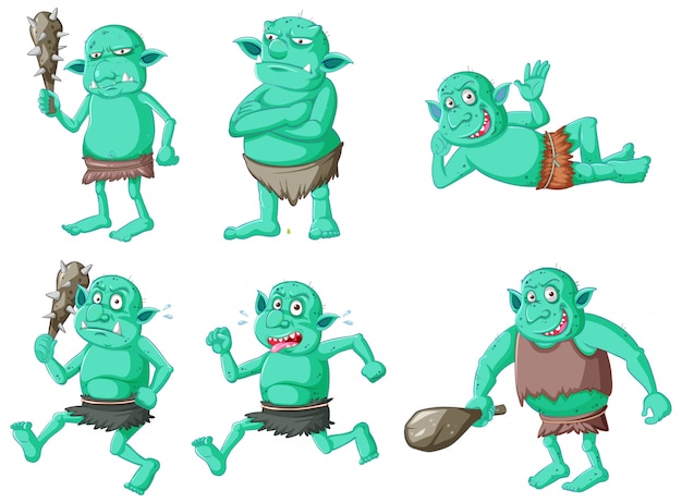 Набор зеленых гоблинов или троллей в разных позах в мультипликационный персонаж изолирован
