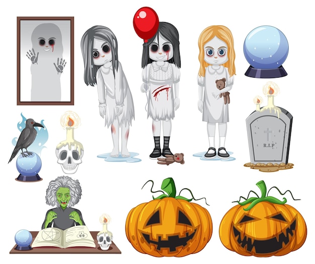 無料ベクター ハロウィーンの幽霊と要素のセット