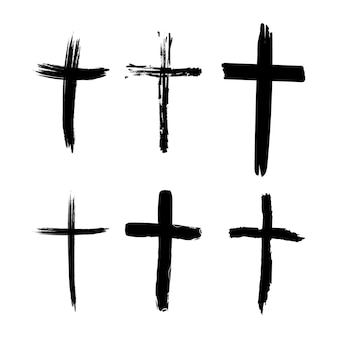 Набор нарисованных от руки черных гранжевых крестовых значков, коллекция простых христианских крестных знаков, раскрашенных вручную символов креста, созданных настоящей кистью чернил, изолированной на белом фоне.