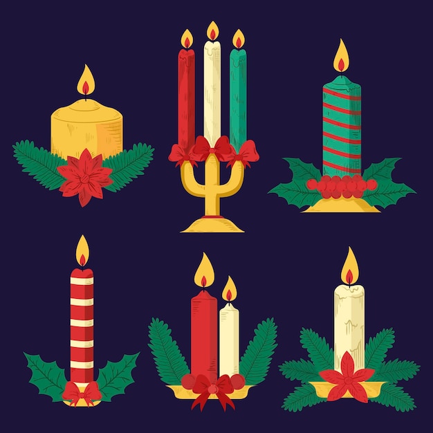 Бесплатное векторное изображение Набор рисованной рождественских свечей