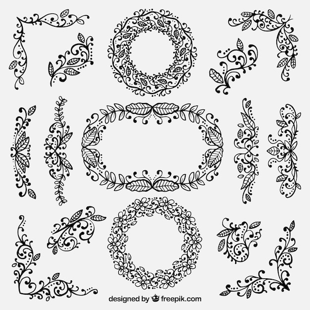 무료 벡터 손으로 그린 꽃 장식 요소 집합