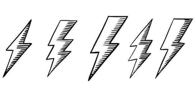 Набор рисованной вектор каракули электрические молнии символ эскиз иллюстрации. векторные иллюстрации Premium векторы