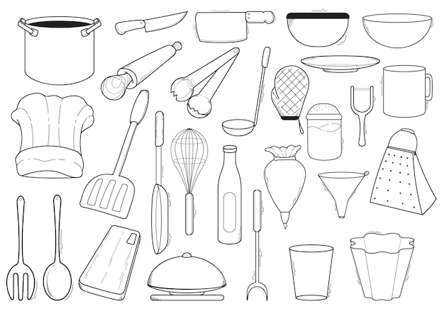 Бесплатное векторное изображение Набор нарисованных вручную иллюстраций каракулей кухонный гарнитур