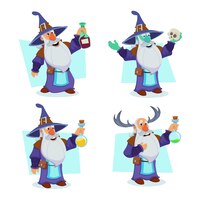 set of handdrawn elder wizards holding bottles with potion and skull