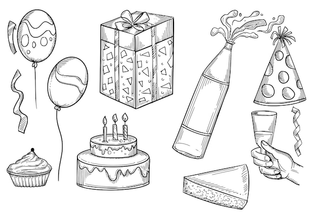 Бесплатное векторное изображение Набор рисунков с поздравлениями с днем рождения эскиз дизайна иконы вечеринки