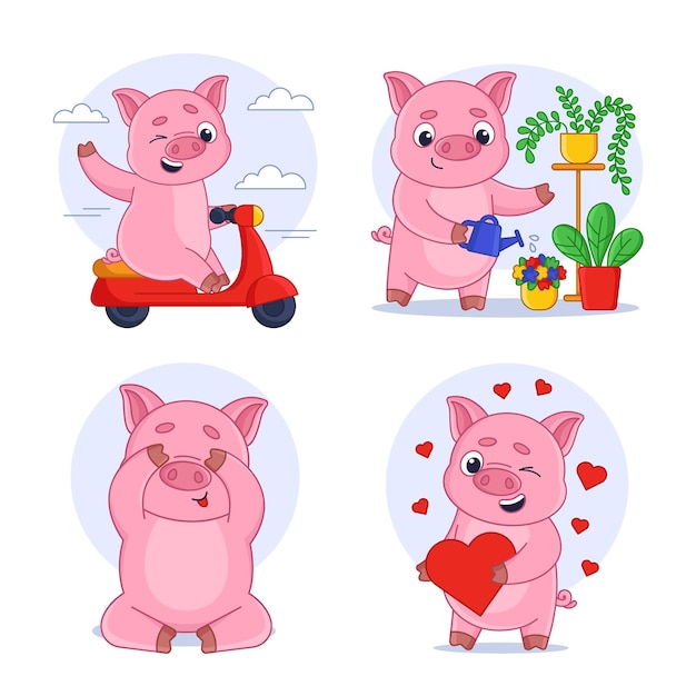 心を保持している植物に水をまくスクーターに乗って幸せな漫画の豚のキャラクターのセット