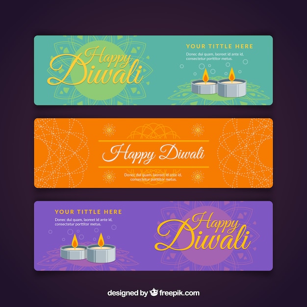 Бесплатное векторное изображение Набор счастливых баннеров diwali со свечами