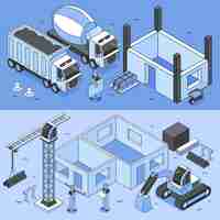 Бесплатное векторное изображение Набор горизонтальных иллюстраций строительных площадок с машинами и человеческими персонажами