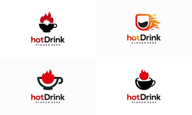 뜨거운 찻잔 로고 디자인 개념 벡터, 뜨거운 불 음료 로고 템플릿 아이콘 기호 집합
