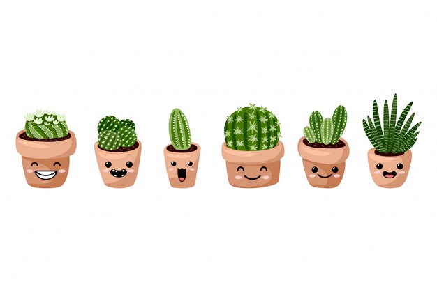 ヒッジ鉢植えのカワイイ顔文字絵文字多肉植物のセット 植物の居心地の良いスカンジナビアスタイルのコレクション プレミアムベクター