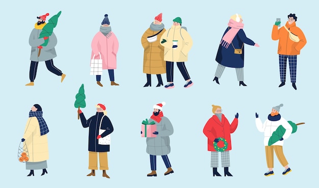 暖かい冬の服を着ている人のイラストのセットです プレミアムベクター 暖かい冬の服を着ている人のイラストのセットです プレミアムベクター