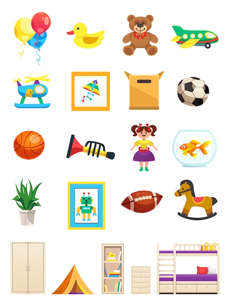 Бесплатное векторное изображение Набор предметов интерьера детской комнаты с мебелью, игрушками, спортивным инвентарем и питомцем