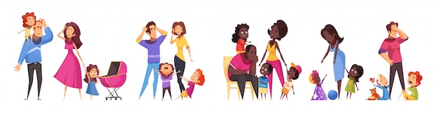 Набор изолированных мультфильм композиции, показывающие рутинные сцены семейных отношений между взрослым и детьми векторная иллюстрация